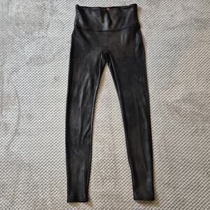 Spanx Faux Leather Leggings Womens Medium Black Metallic Shaping Stretch Pants